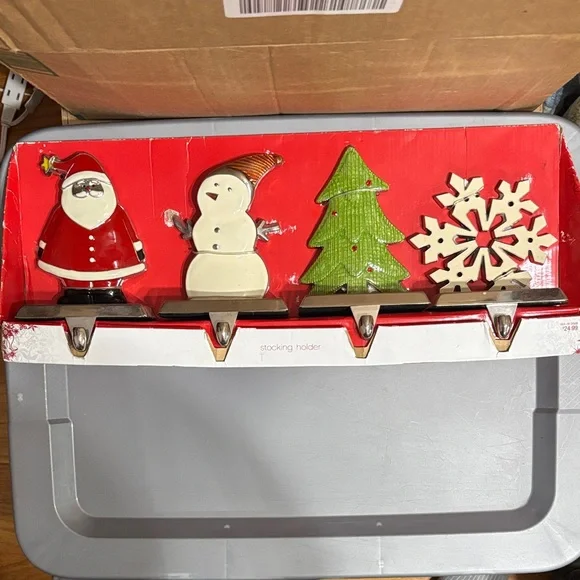Vintage -Festive Stocking Holder Set - snowman, snowflake, tree,santa . - Picture 1 of 11